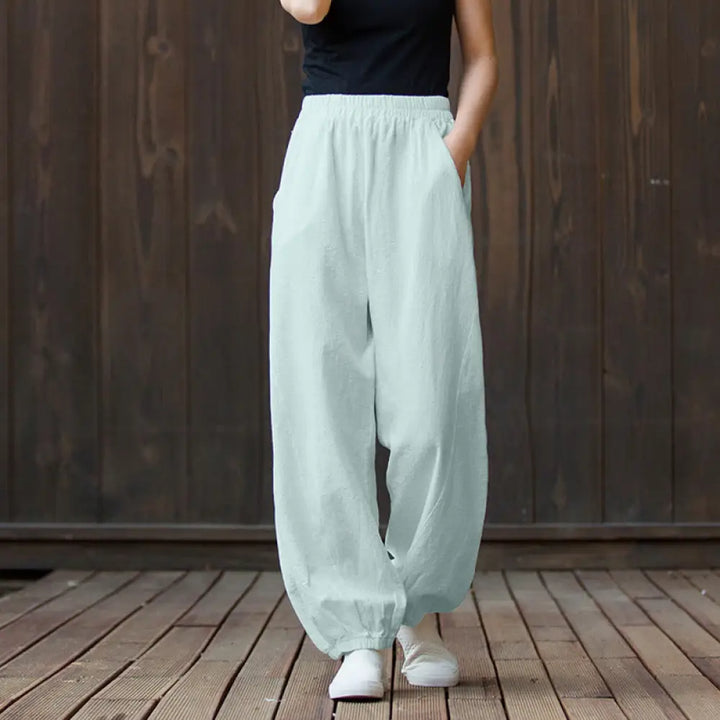 Buddha Stones Casual Solid Plain Color Carrot Elastic Waistband Cotton Ramie Women’s Pants With Pockets - Aquamarine