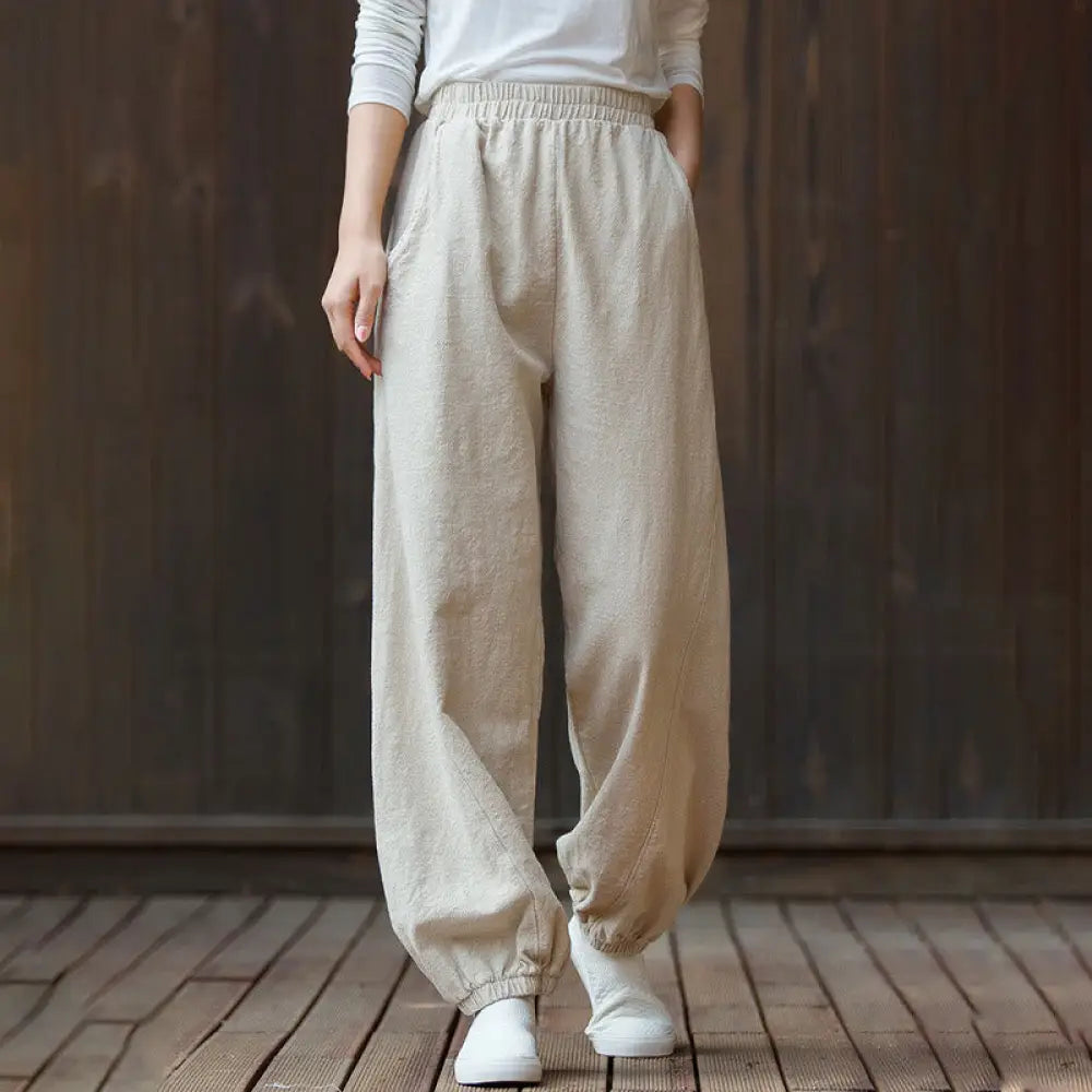 Buddha Stones Casual Solid Plain Color Carrot Elastic Waistband Cotton Ramie Women’s Pants With Pockets - Beige