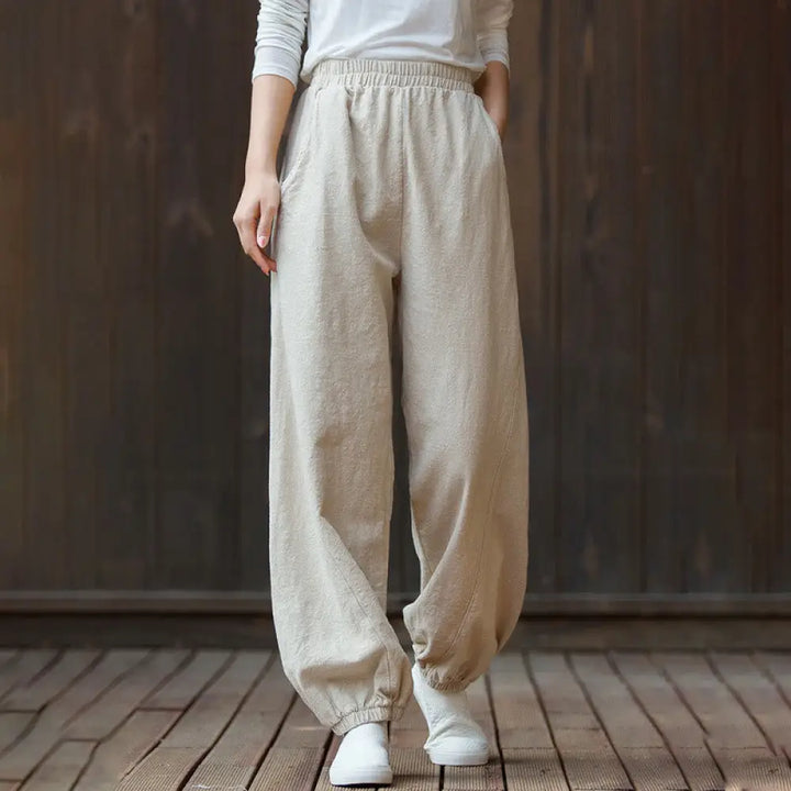 Buddha Stones Casual Solid Plain Color Carrot Elastic Waistband Cotton Ramie Women’s Pants With Pockets - Beige