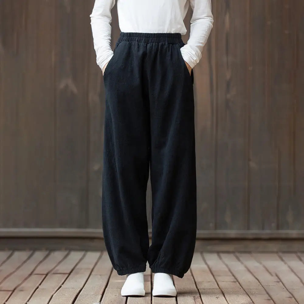 Buddha Stones Casual Solid Plain Color Carrot Elastic Waistband Cotton Ramie Women’s Pants With Pockets - Black