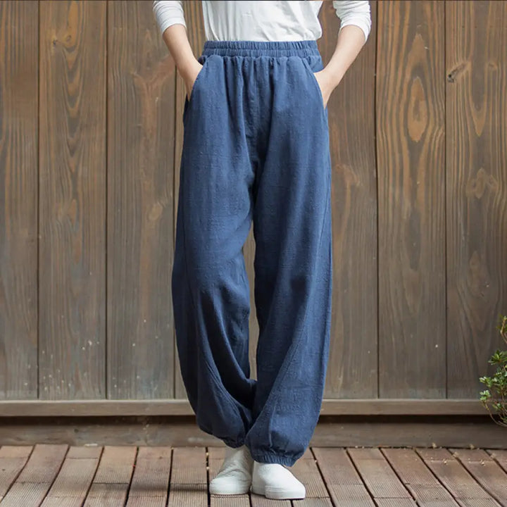 Buddha Stones Casual Solid Plain Color Carrot Elastic Waistband Cotton Ramie Women’s Pants With Pockets - DarkBlue