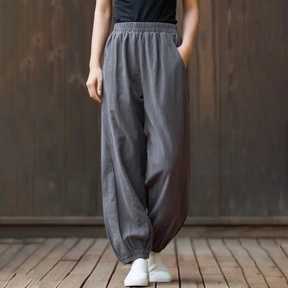 Buddha Stones Casual Solid Plain Color Carrot Elastic Waistband Cotton Ramie Women’s Pants With Pockets - DimGray