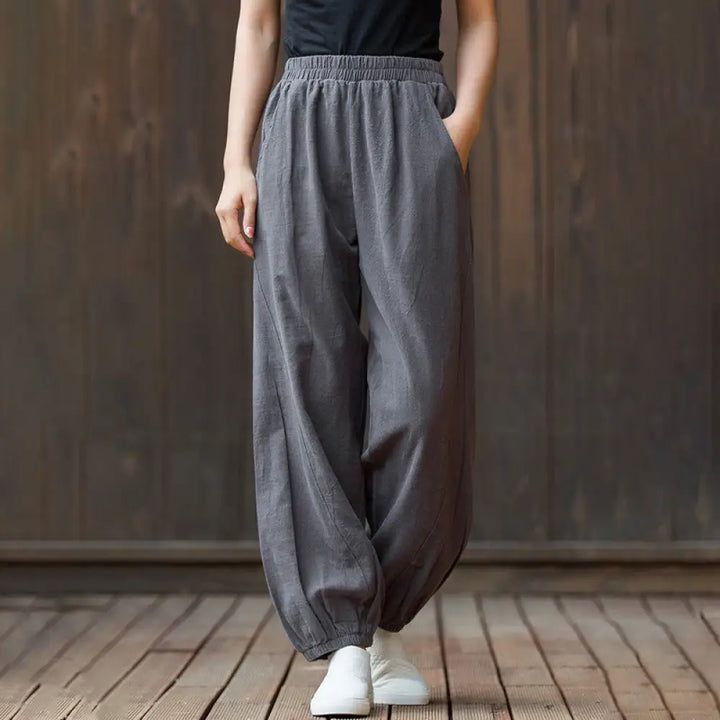 Buddha Stones Casual Solid Plain Color Carrot Elastic Waistband Cotton Ramie Women’s Pants With Pockets - DimGray