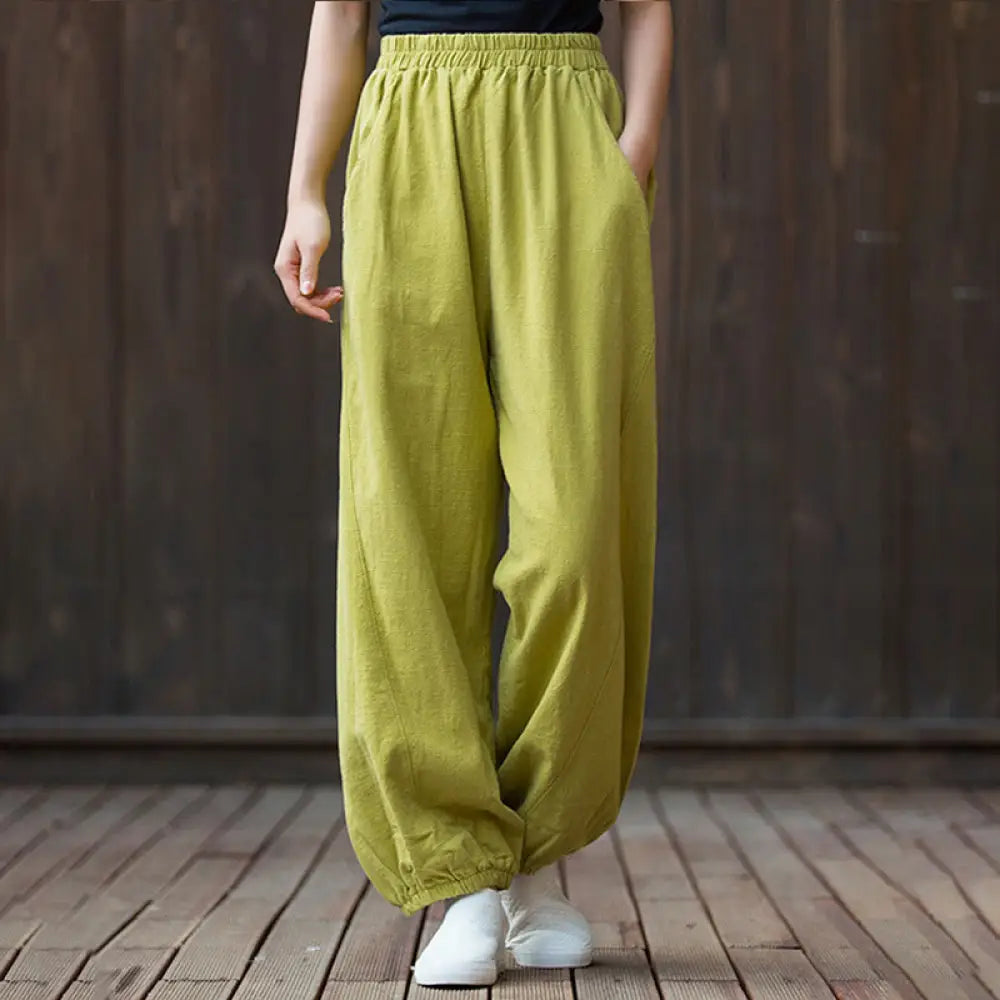 Buddha Stones Casual Solid Plain Color Carrot Elastic Waistband Cotton Ramie Women’s Pants With Pockets - GreenYellow
