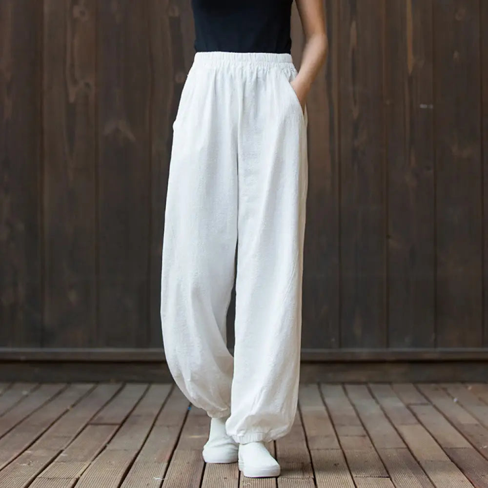Buddha Stones Casual Solid Plain Color Carrot Elastic Waistband Cotton Ramie Women’s Pants With Pockets - White