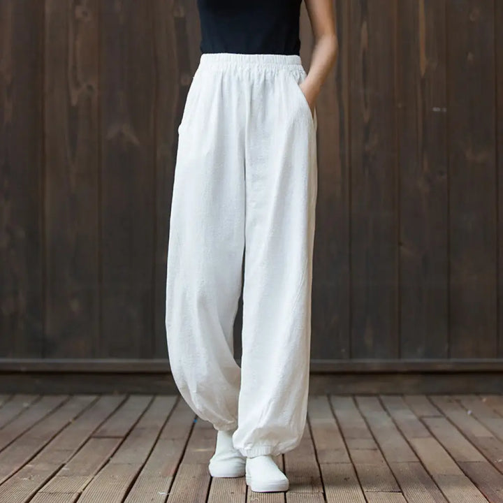 Buddha Stones Casual Solid Plain Color Carrot Elastic Waistband Cotton Ramie Women’s Pants With Pockets - White