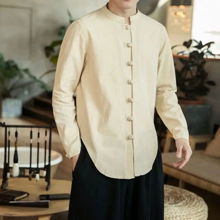 Buddha Stones Casual Stand Collar Frog-Button Long Sleeve Tang Suit Linen Men’s Shirt - Beige / US/UK/AU36，EU46 (L)
