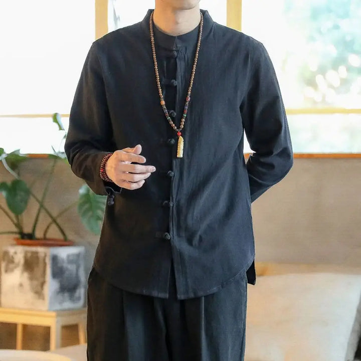 Buddha Stones Casual Stand Collar Frog-Button Long Sleeve Tang Suit Linen Men’s Shirt - Black / US/UK/AU36，EU46 (L)