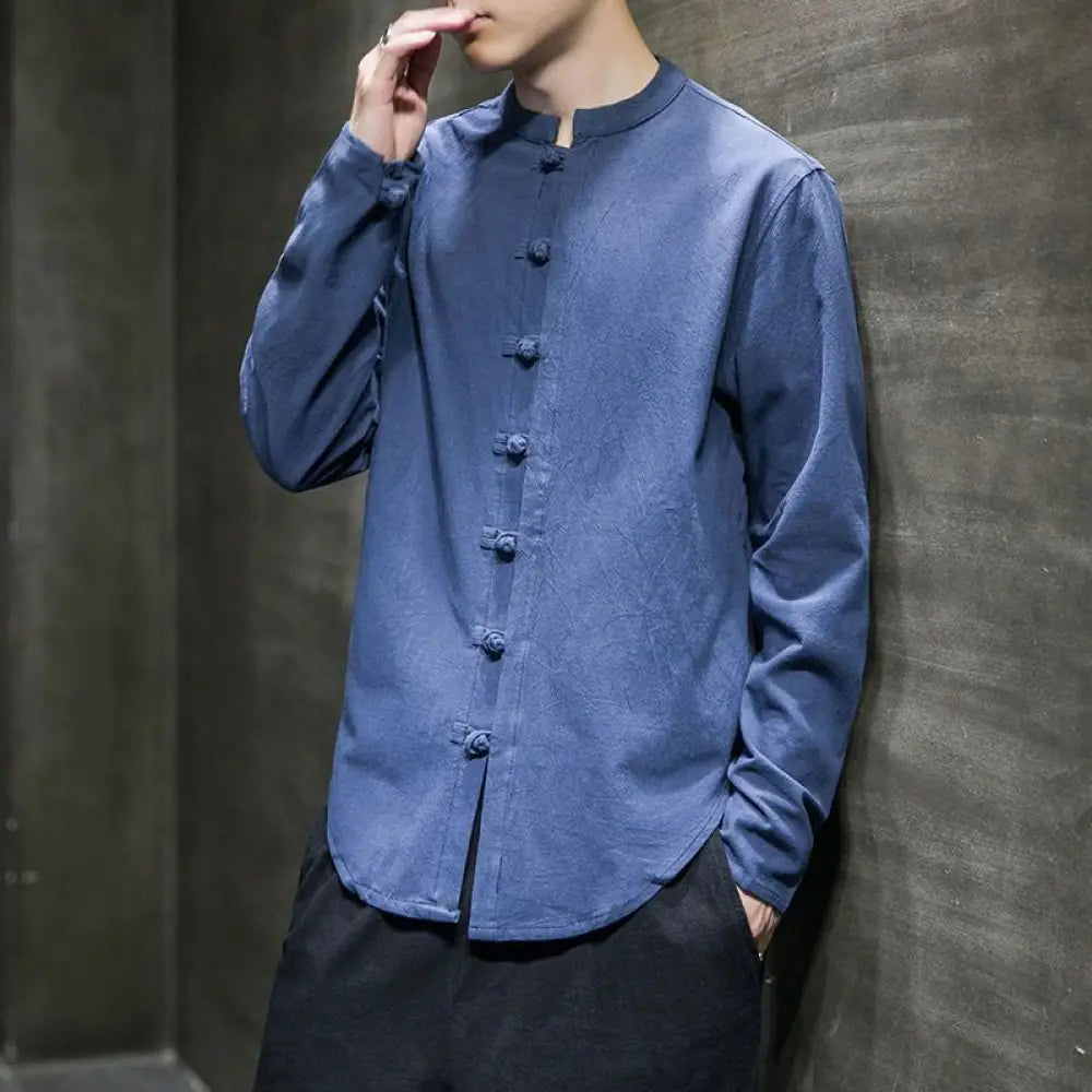 Buddha Stones Casual Stand Collar Frog-Button Long Sleeve Tang Suit Linen Men’s Shirt - CornflowerBlue