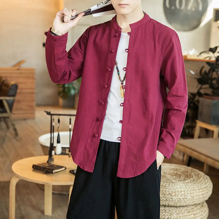 Buddha Stones Casual Stand Collar Frog-Button Long Sleeve Tang Suit Linen Men’s Shirt - Crimson / US/UK/AU36，EU46 (L)