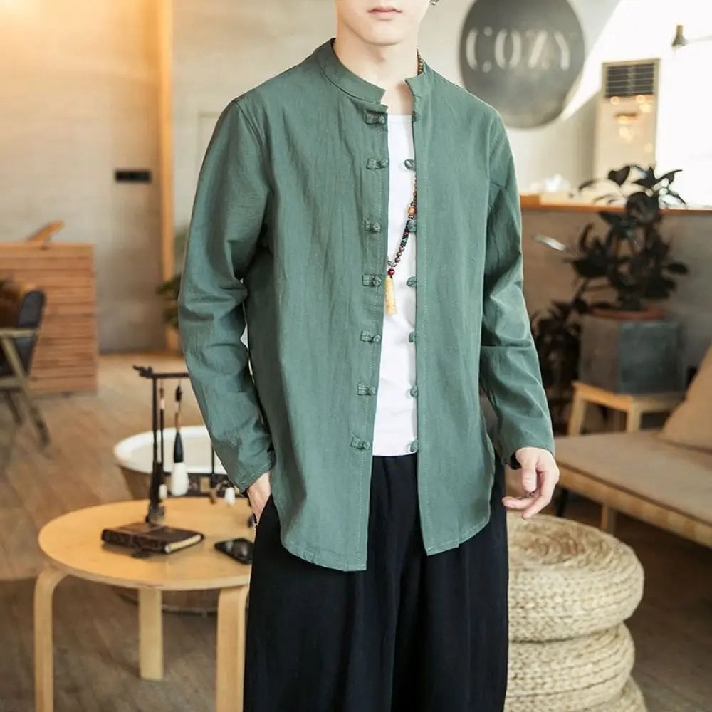 Buddha Stones Casual Stand Collar Frog-Button Long Sleeve Tang Suit Linen Men’s Shirt - DarkSeaGreen / US/UK/AU36，EU46
