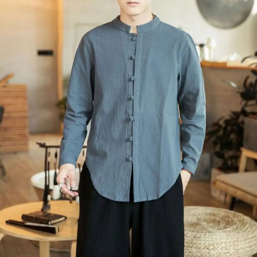 Buddha Stones Casual Stand Collar Frog-Button Long Sleeve Tang Suit Linen Men’s Shirt - DimGray / US/UK/AU36，EU46 (L)