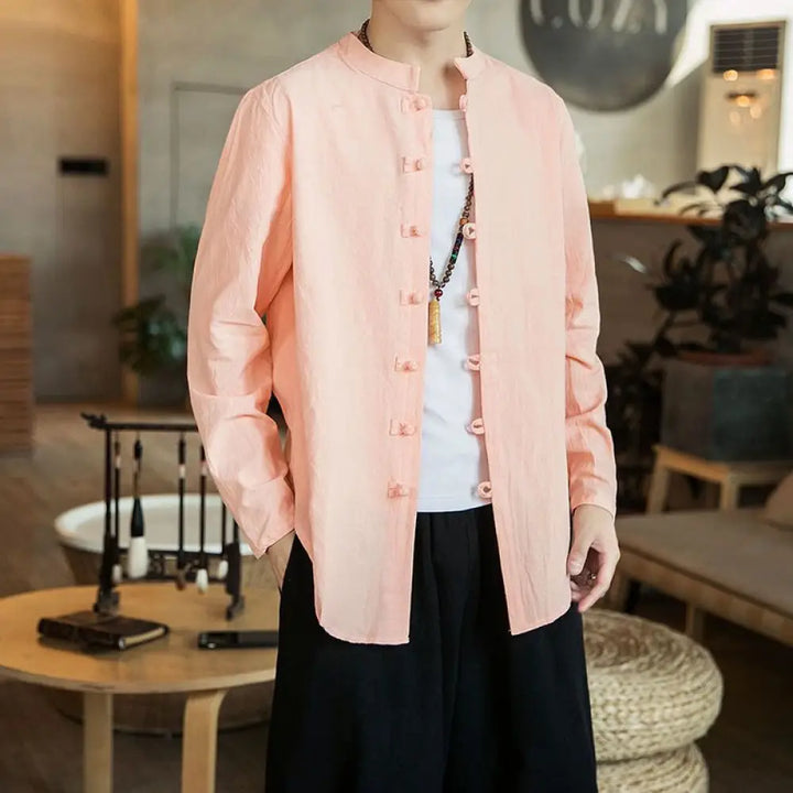Buddha Stones Casual Stand Collar Frog-Button Long Sleeve Tang Suit Linen Men’s Shirt - LightPink / US/UK/AU36，EU46 (L)