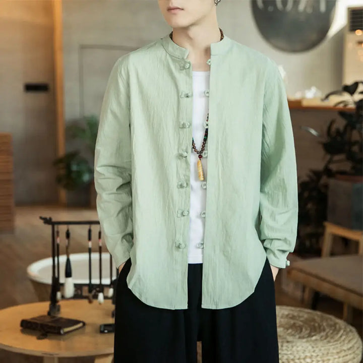 Buddha Stones Casual Stand Collar Frog-Button Long Sleeve Tang Suit Linen Men’s Shirt - MintCream / US/UK/AU36，EU46 (L)