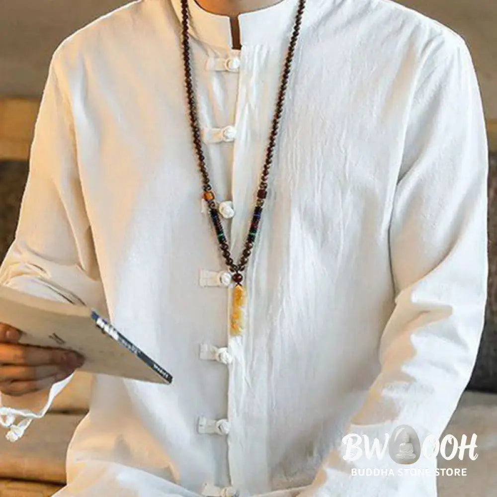 Buddha Stones Casual Stand Collar Frog-Button Long Sleeve Tang Suit Linen Men’s Shirt - Men’s Shirts