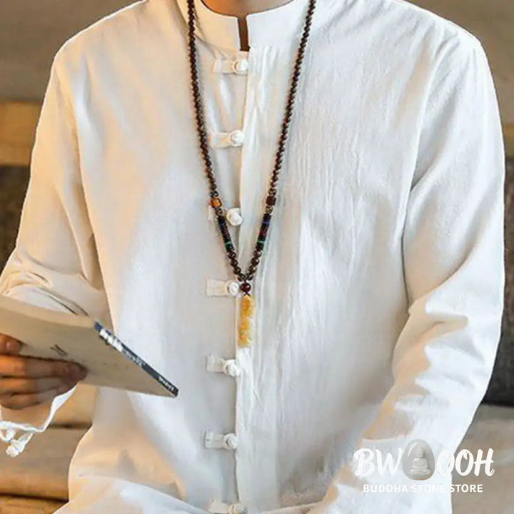 Buddha Stones Casual Stand Collar Frog-Button Long Sleeve Tang Suit Linen Men’s Shirt - Men’s Shirts