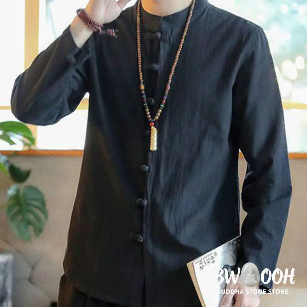 Buddha Stones Casual Stand Collar Frog-Button Long Sleeve Tang Suit Linen Men’s Shirt - Men’s Shirts