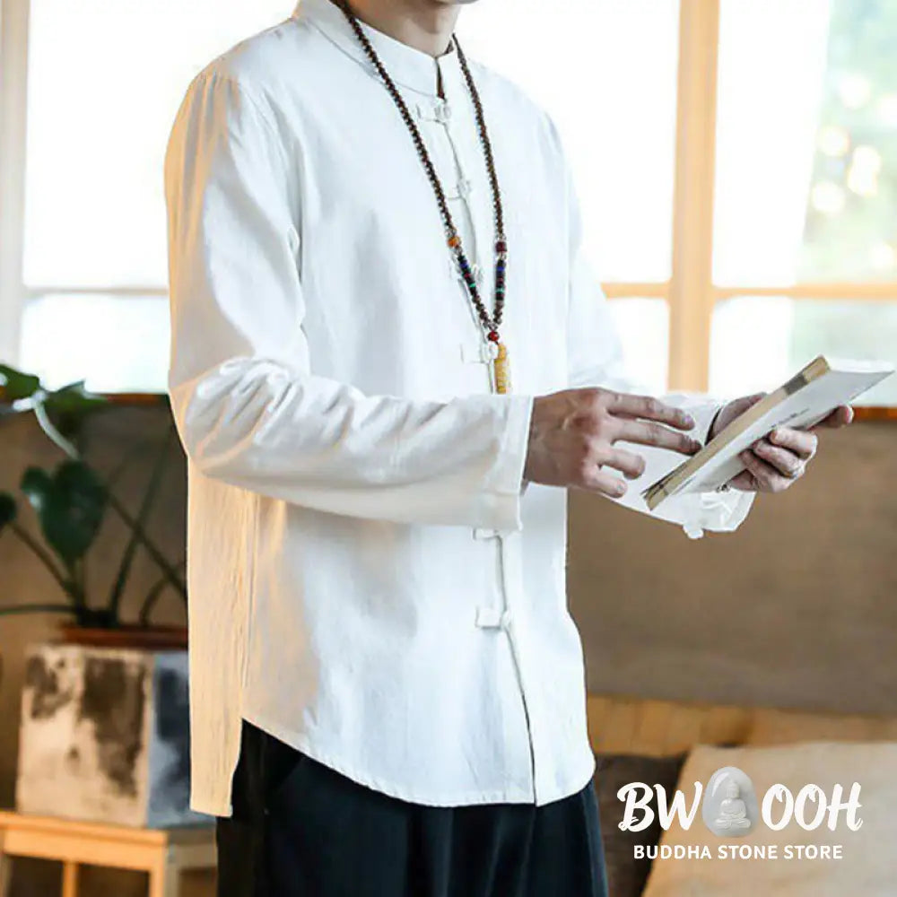 Buddha Stones Casual Stand Collar Frog-Button Long Sleeve Tang Suit Linen Men’s Shirt - Men’s Shirts