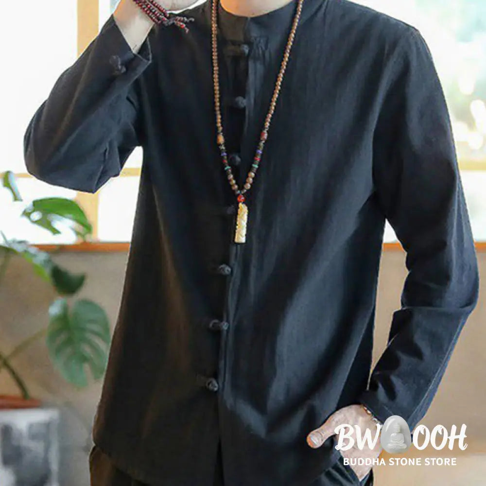 Buddha Stones Casual Stand Collar Frog-Button Long Sleeve Tang Suit Linen Men’s Shirt - Men’s Shirts