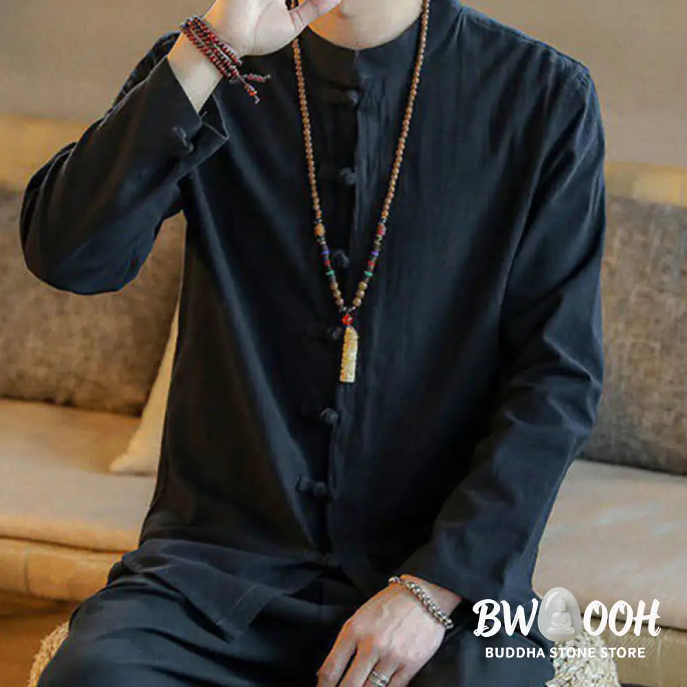 Buddha Stones Casual Stand Collar Frog-Button Long Sleeve Tang Suit Linen Men’s Shirt - Men’s Shirts