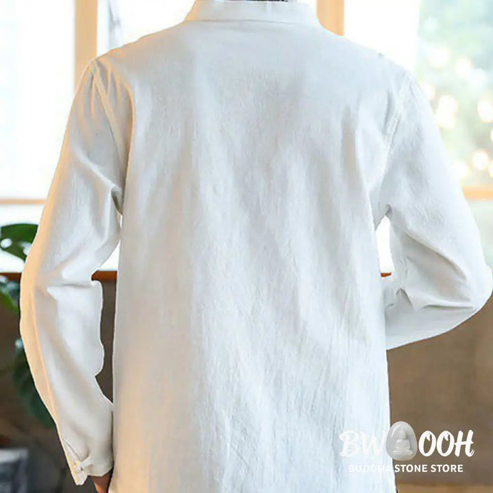 Buddha Stones Casual Stand Collar Frog-Button Long Sleeve Tang Suit Linen Men’s Shirt - Men’s Shirts