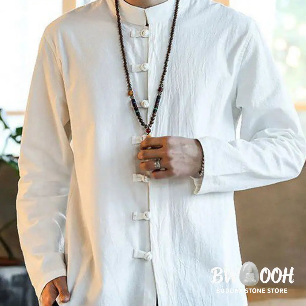Buddha Stones Casual Stand Collar Frog-Button Long Sleeve Tang Suit Linen Men’s Shirt - Men’s Shirts