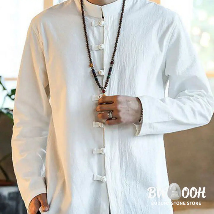 Buddha Stones Casual Stand Collar Frog-Button Long Sleeve Tang Suit Linen Men’s Shirt - Men’s Shirts