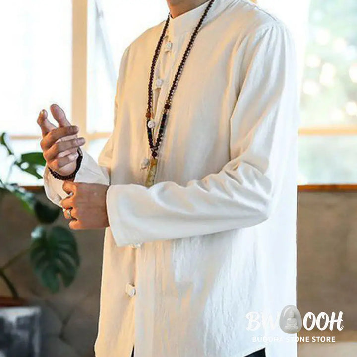 Buddha Stones Casual Stand Collar Frog-Button Long Sleeve Tang Suit Linen Men’s Shirt - Men’s Shirts