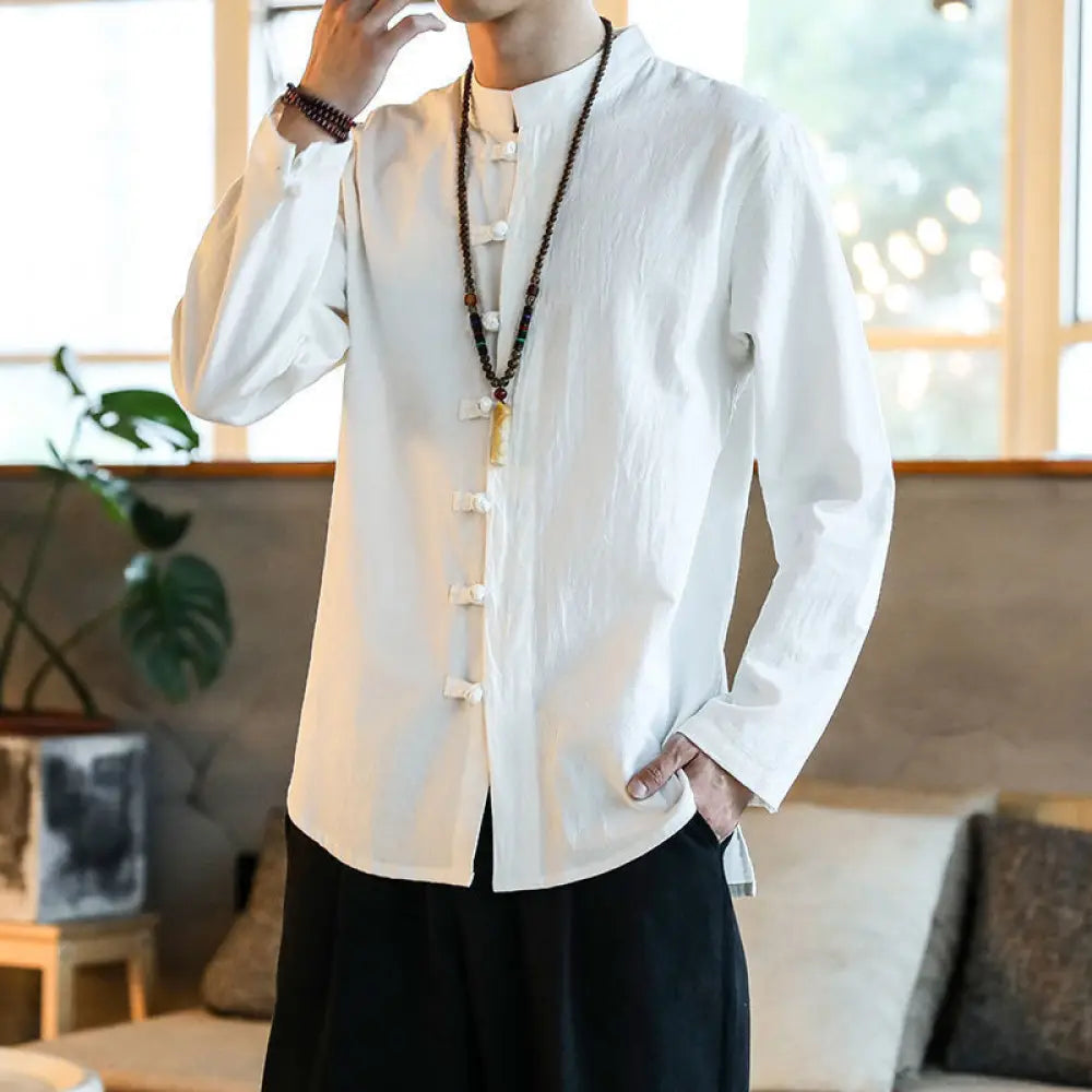 BWOOOH Casual Stand Collar Frog-Button Long Sleeve Tang S