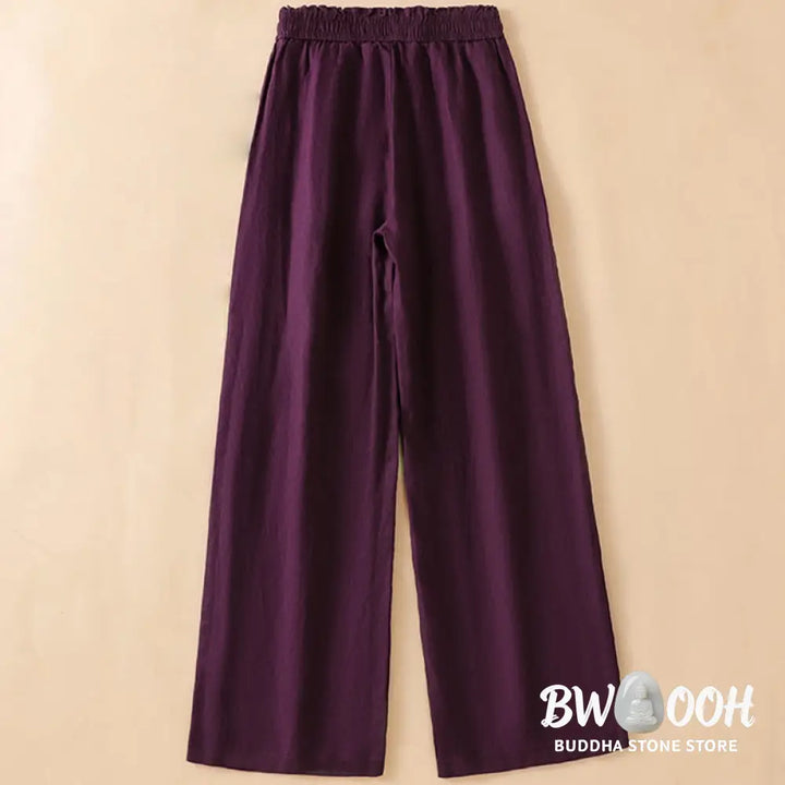 Buddha Stones Casual Straight Leg Design Cotton Women’s 7-8 Length Wide Leg Pants With Pockets - Women’s Wide Leg Pants