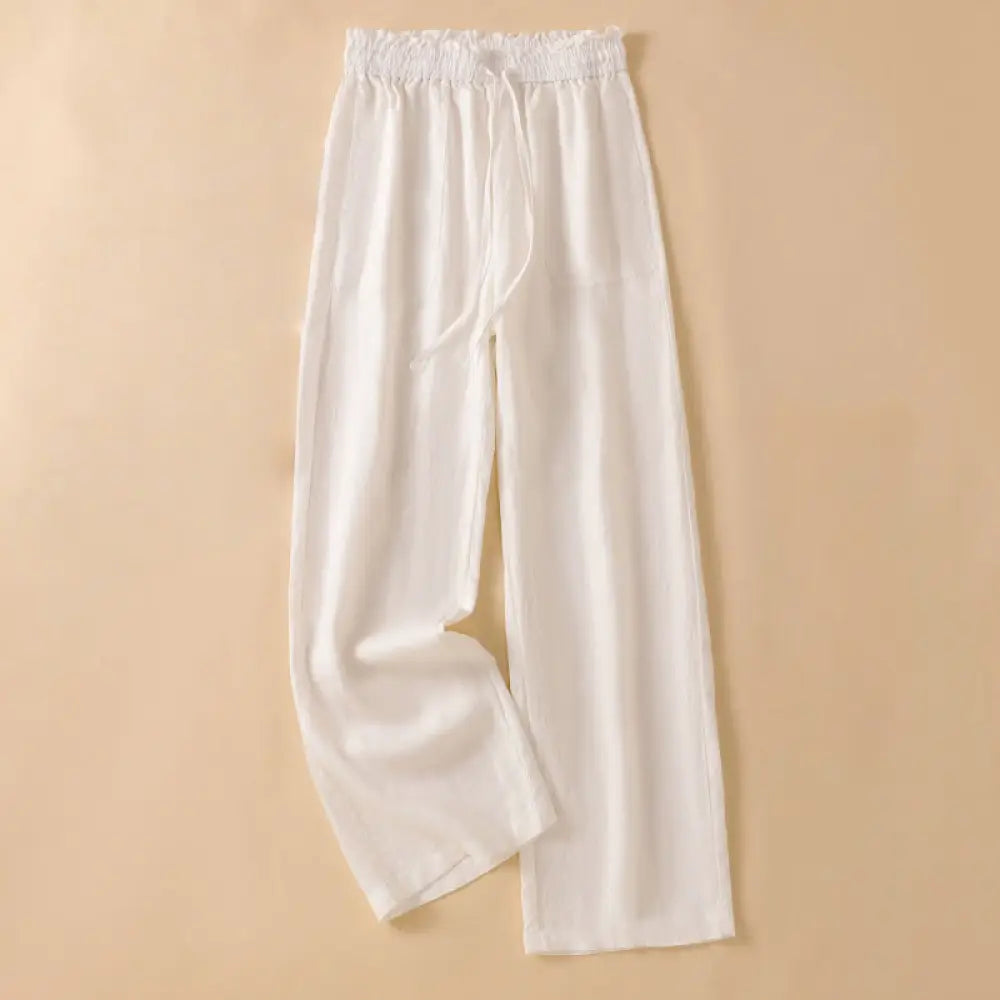 Buddha Stones Casual Straight Leg Design Cotton Women’s 7-8 Length Wide Leg Pants With Pockets - FloralWhite