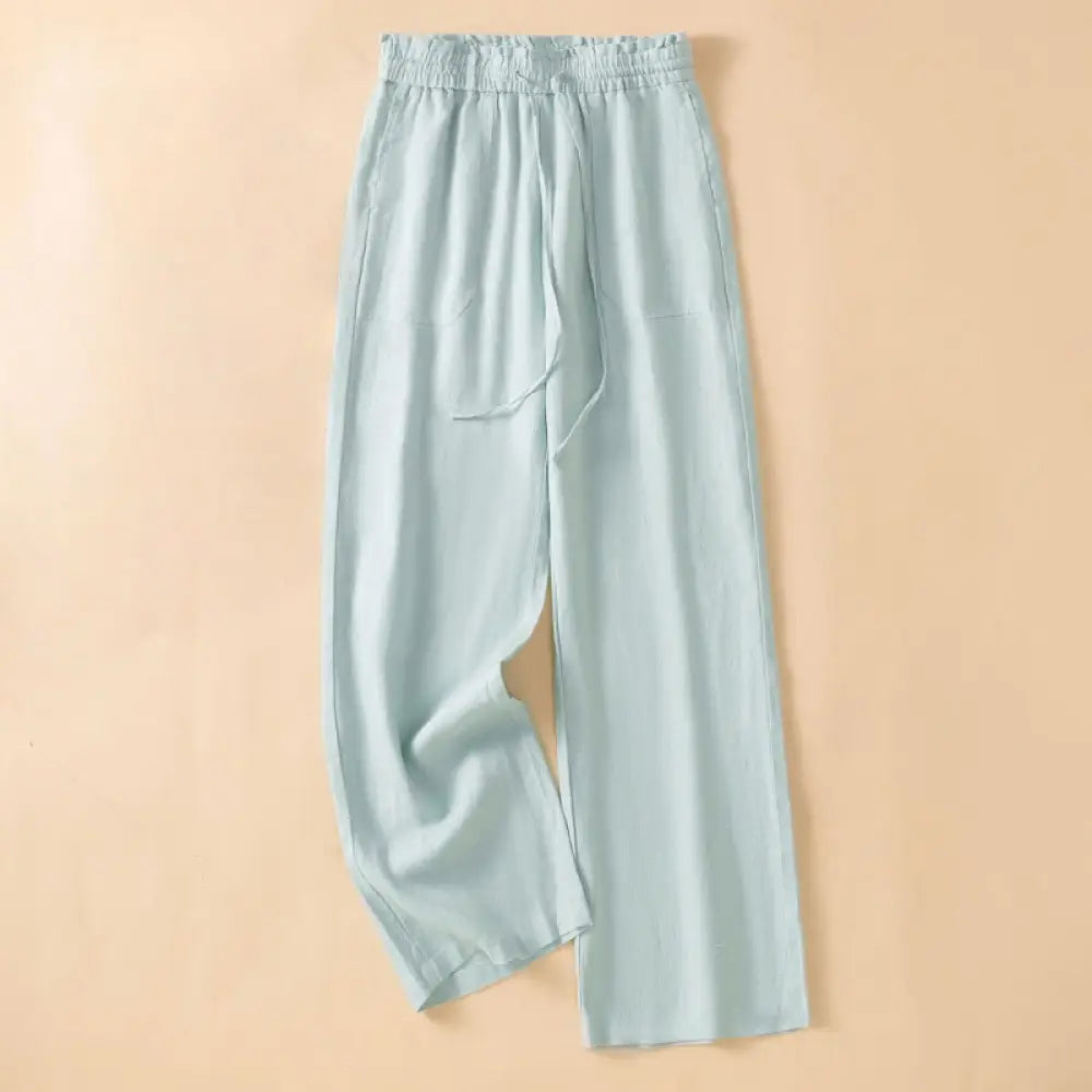 Buddha Stones Casual Straight Leg Design Cotton Women’s 7-8 Length Wide Leg Pants With Pockets - PaleTurquoise