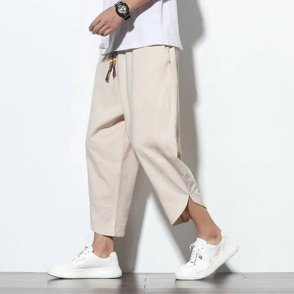 Buddha Stones Casual Summer Drawstring 7-8 Length Linen Men’s Harem Pants With Pockets - Beige / US/UK/AU36，EU46 (L)