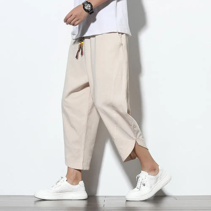 Buddha Stones Casual Summer Drawstring 7-8 Length Linen Men’s Harem Pants With Pockets - Beige / US/UK/AU36，EU46 (L)