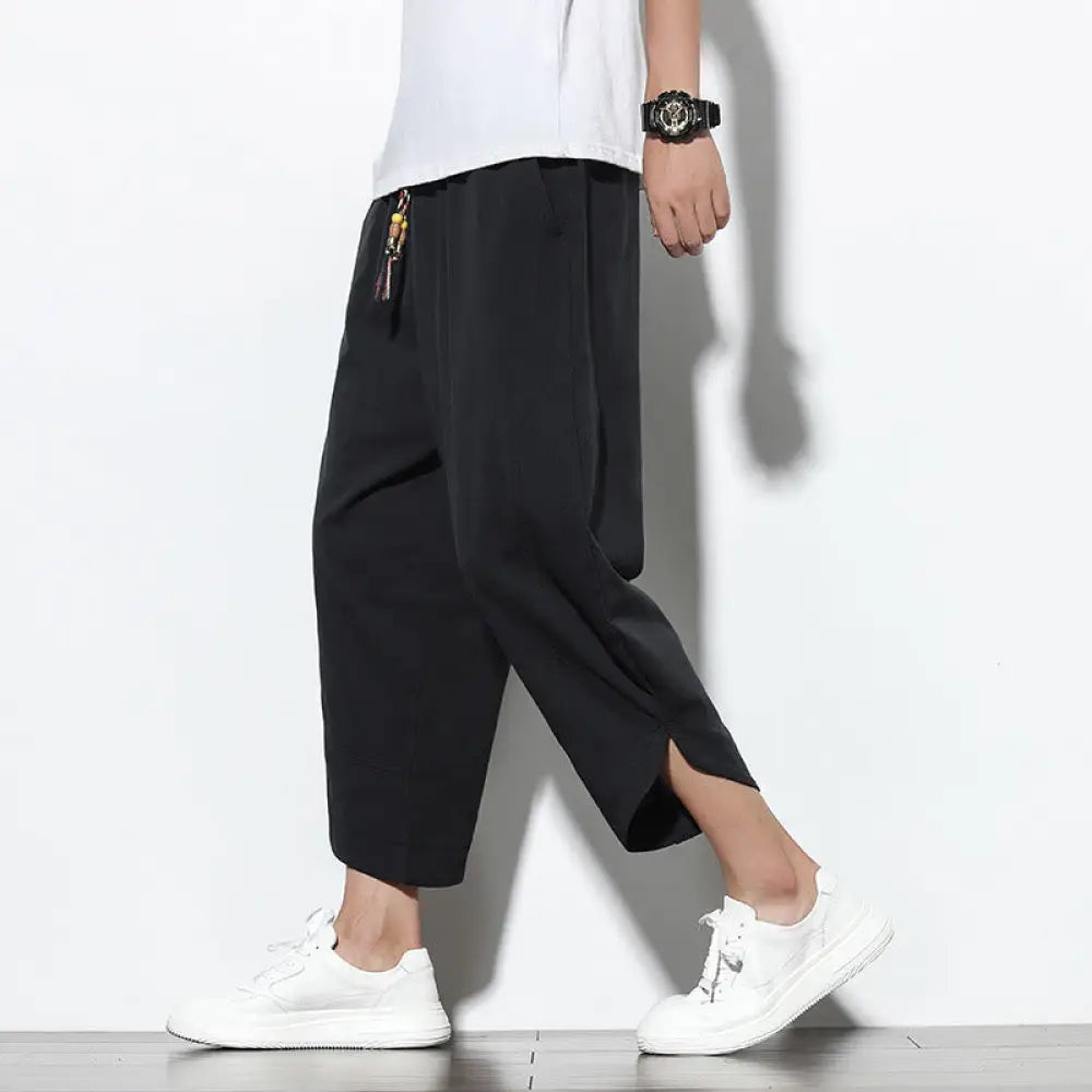 Buddha Stones Casual Summer Drawstring 7-8 Length Linen Men’s Harem Pants With Pockets - Black / US/UK/AU36，EU46 (L)