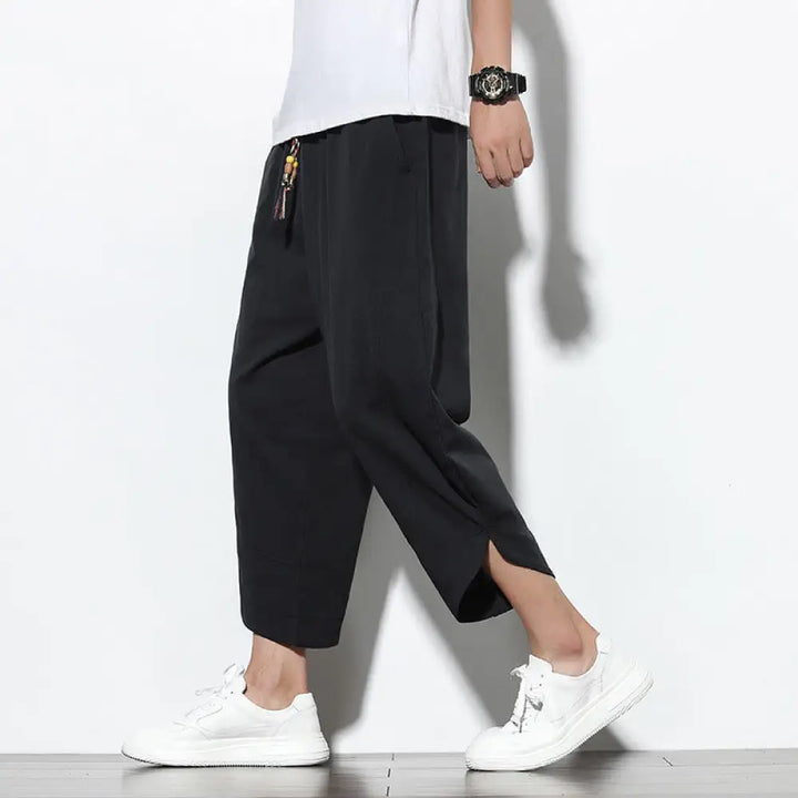 Buddha Stones Casual Summer Drawstring 7-8 Length Linen Men’s Harem Pants With Pockets - Black / US/UK/AU36，EU46 (L)
