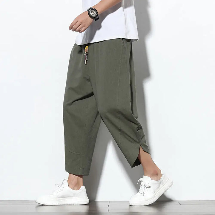 Buddha Stones Casual Summer Drawstring 7-8 Length Linen Men’s Harem Pants With Pockets - OliveDrab / US/UK/AU36，EU46