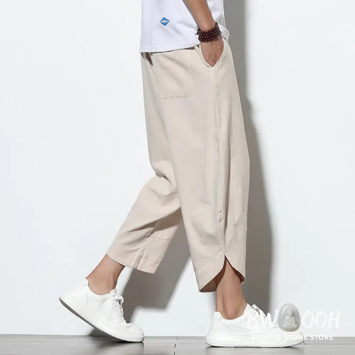 Buddha Stones Casual Summer Drawstring 7-8 Length Linen Men’s Harem Pants With Pockets - Men’s Tapered Pants