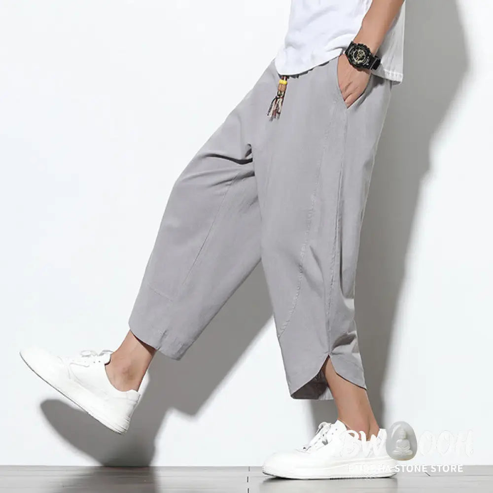 Buddha Stones Casual Summer Drawstring 7-8 Length Linen Men’s Harem Pants With Pockets - Men’s Tapered Pants