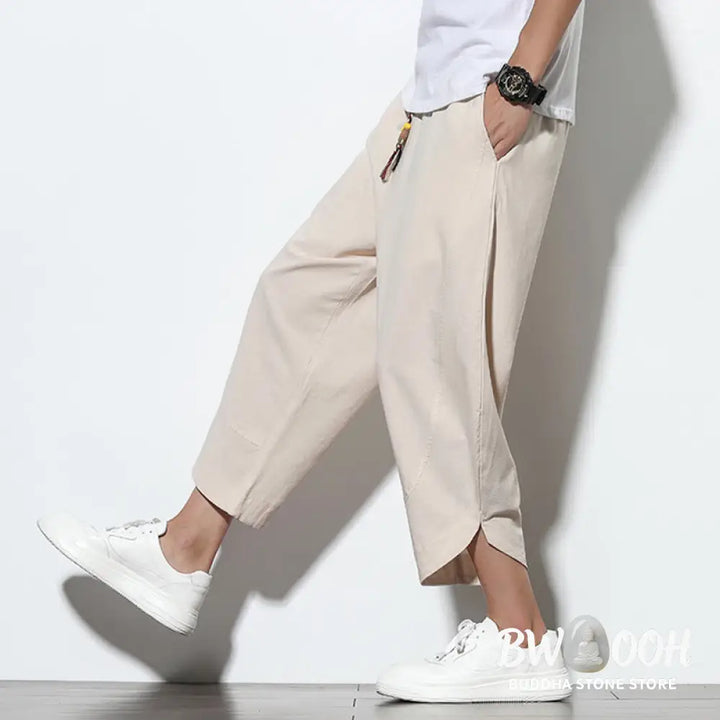 Buddha Stones Casual Summer Drawstring 7-8 Length Linen Men’s Harem Pants With Pockets - Men’s Tapered Pants