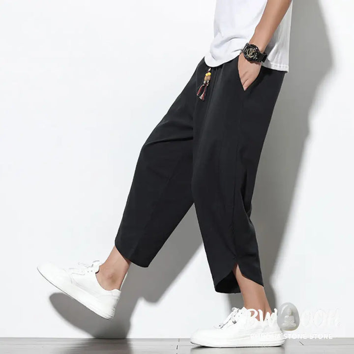 Buddha Stones Casual Summer Drawstring 7-8 Length Linen Men’s Harem Pants With Pockets - Men’s Tapered Pants