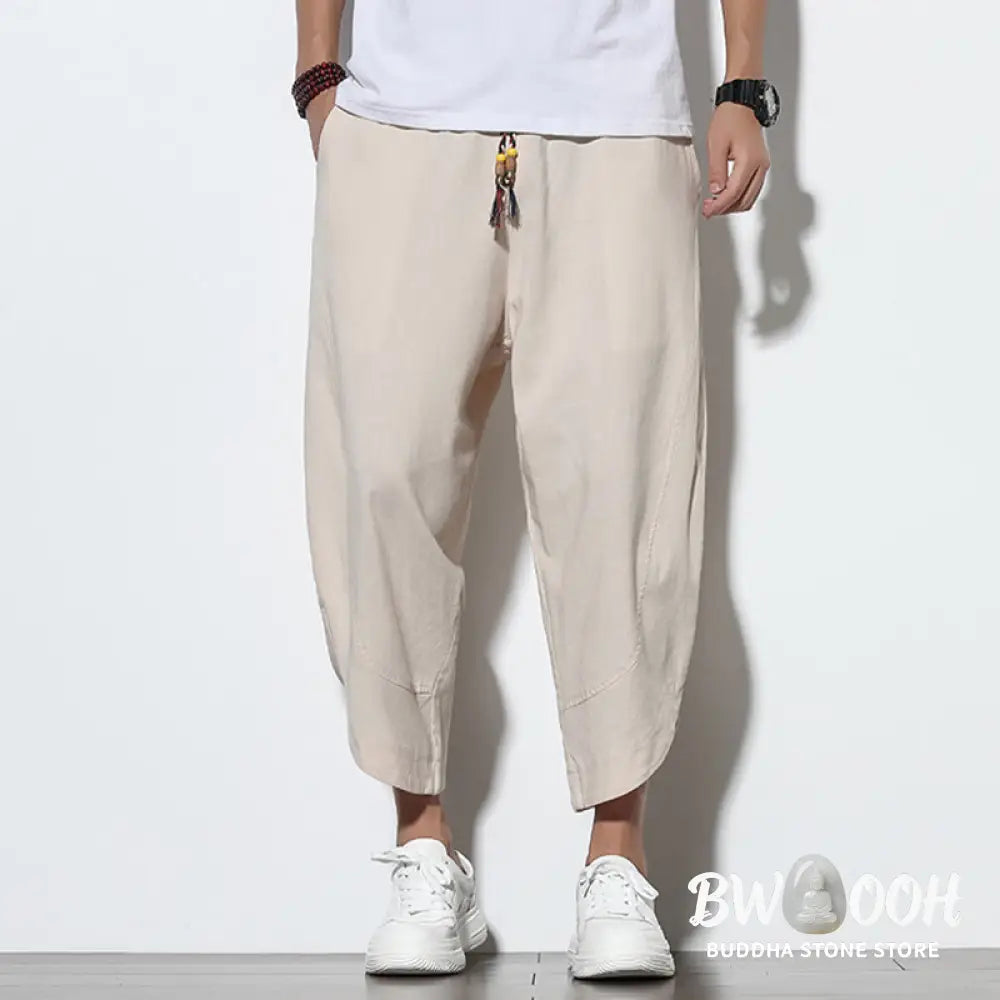 Buddha Stones Casual Summer Drawstring 7-8 Length Linen Men’s Harem Pants With Pockets - Men’s Tapered Pants