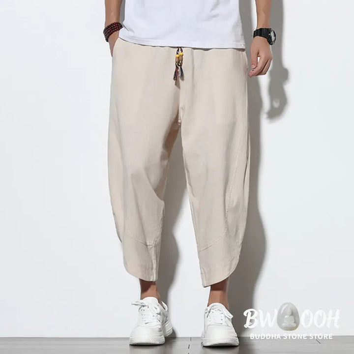 Buddha Stones Casual Summer Drawstring 7-8 Length Linen Men’s Harem Pants With Pockets - Men’s Tapered Pants