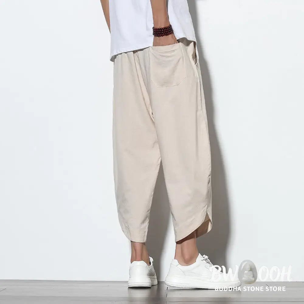 Buddha Stones Casual Summer Drawstring 7-8 Length Linen Men’s Harem Pants With Pockets - Men’s Tapered Pants