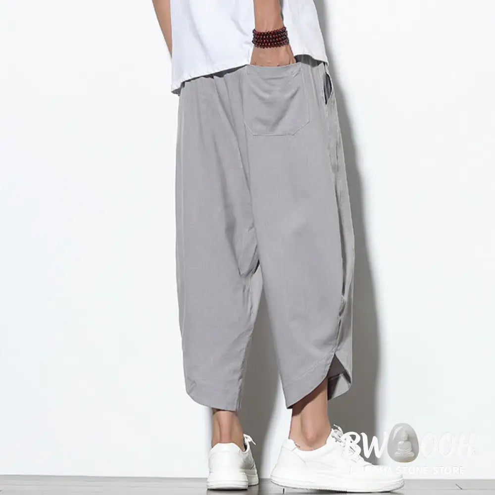 Buddha Stones Casual Summer Drawstring 7-8 Length Linen Men’s Harem Pants With Pockets - Men’s Tapered Pants