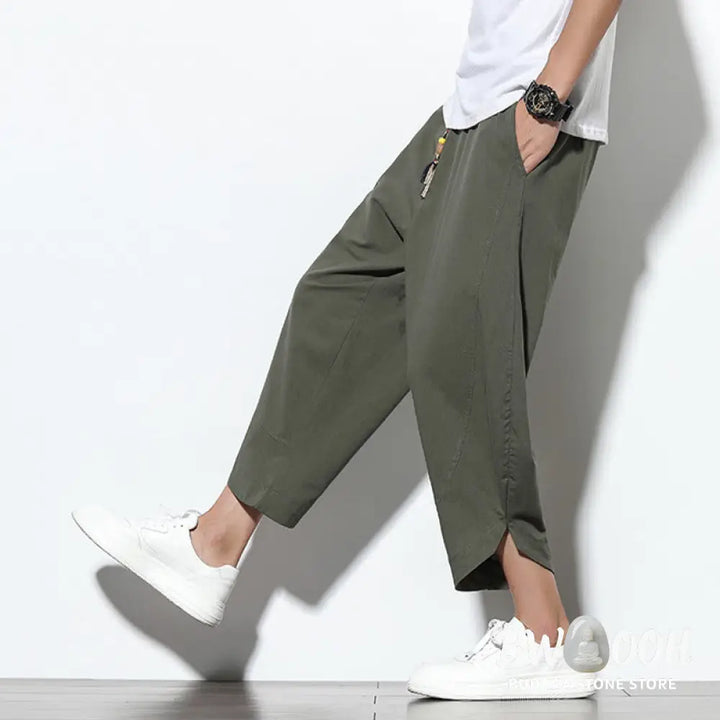 Buddha Stones Casual Summer Drawstring 7-8 Length Linen Men’s Harem Pants With Pockets - Men’s Tapered Pants