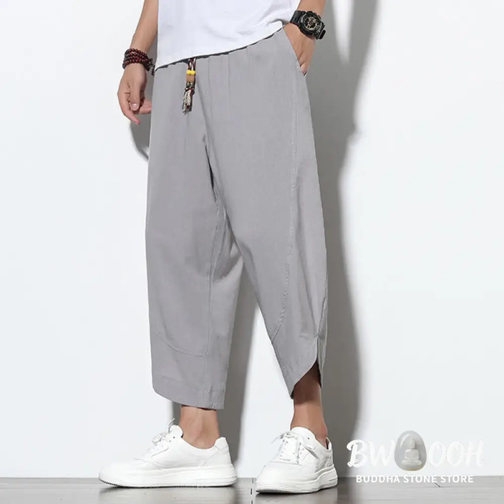 Buddha Stones Casual Summer Drawstring 7-8 Length Linen Men’s Harem Pants With Pockets - Men’s Tapered Pants