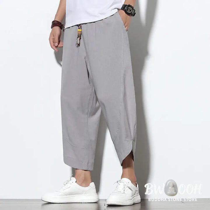 Buddha Stones Casual Summer Drawstring 7-8 Length Linen Men’s Harem Pants With Pockets - Men’s Tapered Pants