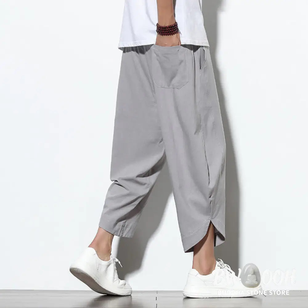 Buddha Stones Casual Summer Drawstring 7-8 Length Linen Men’s Harem Pants With Pockets - Men’s Tapered Pants