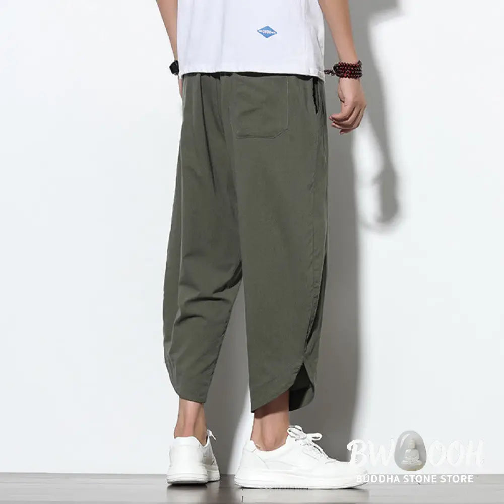 Buddha Stones Casual Summer Drawstring 7-8 Length Linen Men’s Harem Pants With Pockets - Men’s Tapered Pants